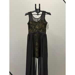 Black Gold Metallic Mesh High Low Sheer Overlay‎ Maxi Dress Cocktail Party